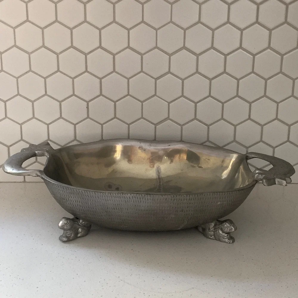 Arthur Court Pewter Rabbit Footed Serving Bowl Carrot‎ Handles 18.5 Inch Easter